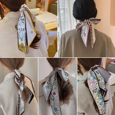 French Vintage Satin Hair Scarf Tarot Print Artistic Narrow Headband Decorative Twilly For Women Fashion Hair Accessories