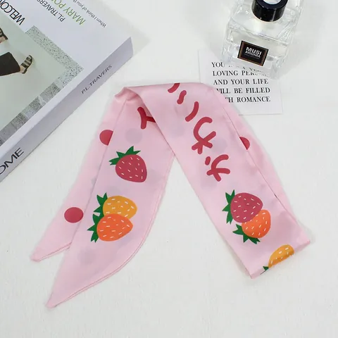 Korean Style Satin Hair Scarf For Women Girls Cute Strawberry Heart Cow Print Ribbon Hair Tie Headband Silk Feel Twilly Scarf