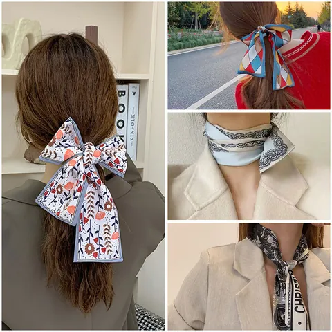 French Vintage Bow Scarf Hair Band For Women Satin Floral Zebra Print Ribbon Headband Versatile Hair Scarf Accessories
