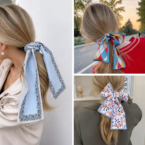 French Vintage Bow Scarf Hair Band For Women Satin Floral Zebra Print Ribbon Headband Versatile Hair Scarf Accessories