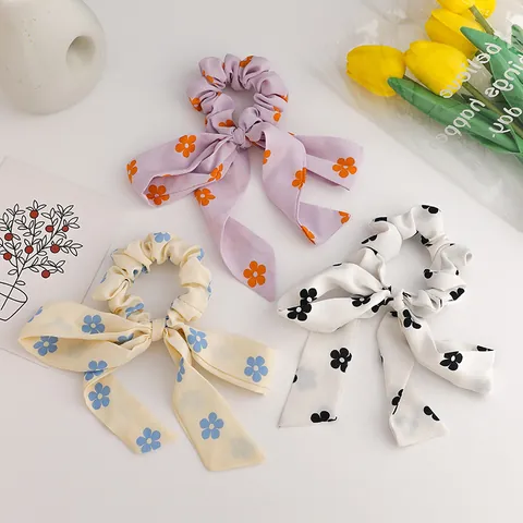 Coleteros de Cinta con Lazo Floral para Mujer Lazos para el Cabello con Estampado de Flores Tela de Gasa Accesorios para el Pelo
