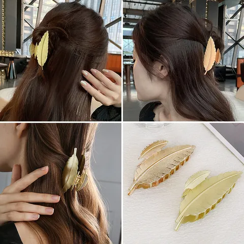 Fermaglio per Capelli in Lega di Metallo Foglia Piuma Grande Molletta a Squalo Oro per Donna Accessori per Acconciature