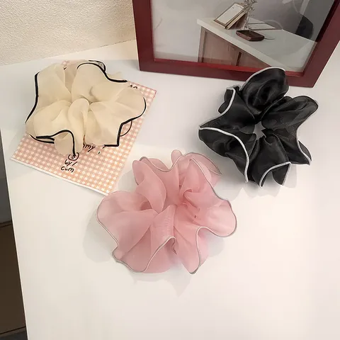 Grands Chouchous En Organza Pour Femmes Passepoil Contrasté Maille À Volants Élastiques Élégant Style Coréen Accessoires Pour Cheveux