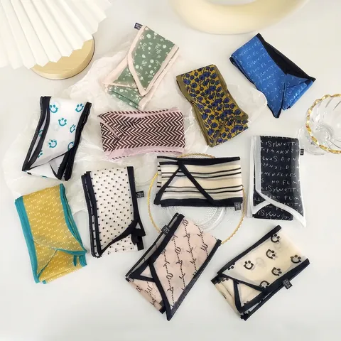 Vintage Satin Langband Schal Für Damen Retro Blumen Punktmuster Druck Multifunktionales Haarband Halstuch Handtaschen Dekor