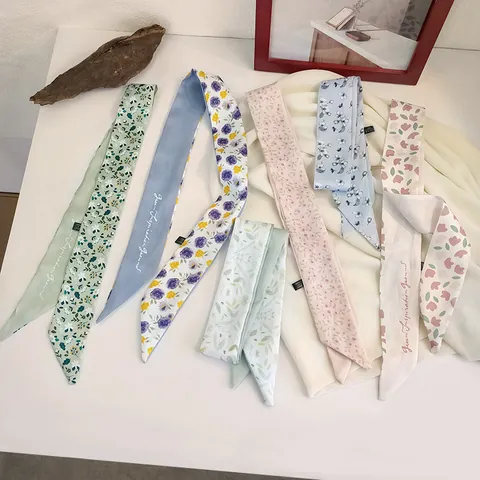 French Vintage Floral Print Narrow Scarf For Women Polyester Satin Hair Band Ribbon Headband Bag Decoration Neck Scarf Accessory