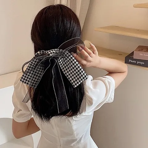 Fermaglio per Capelli a Fiocco Grande in Pied de Poule Vintage Francese Elegante Nastro Organza Doppio Strato Accessori