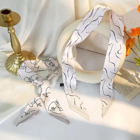 Elegante Foulard Stretto in Satin da Donna con Linee di Viso Astratte e Motivo ad Alghe Twilly Fascia per Capelli Nastro per Borsa Stile Francese Cravatta