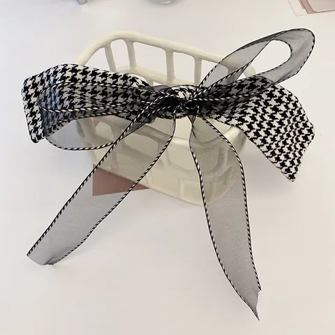 Fermaglio per Capelli a Fiocco Grande in Pied de Poule Vintage Francese Elegante Nastro Organza Doppio Strato Accessori