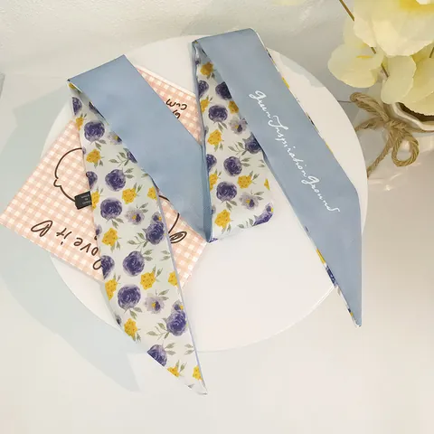 Pañuelo Estrecho Vintage Francés con Estampado Floral para Mujer en Poliéster Satén Diadema de Cinta Decoración de Bolso Accesorio de Cuello