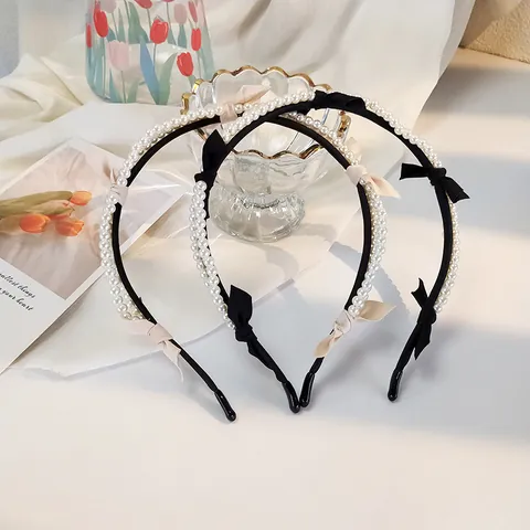 Franse Vintage Strik Haardband Voor Vrouwen Elegant Dubbele Rij Kunstparelimitatie Haarreif Satin Strikje Haaraccessoires Forest Style