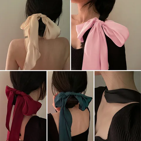 French Elegant Solid Color Satin Long Hair Ribbon Scarf For Women Romantic Atmosphere Wide Headband Ponytail Streamer Accessories