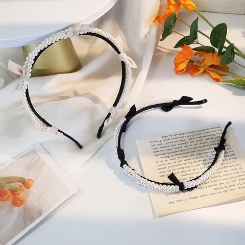 Franse Vintage Strik Haardband Voor Vrouwen Elegant Dubbele Rij Kunstparelimitatie Haarreif Satin Strikje Haaraccessoires Forest Style