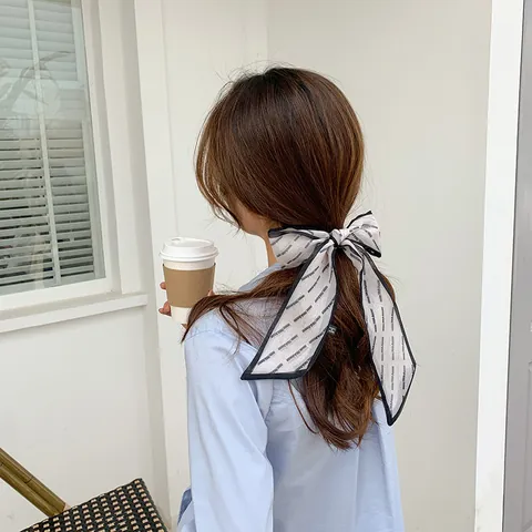 Elegant Satin Ribbon Hair Band For Women Bow Print Thin Scarf Headband Korean Style Floral Polka Dot Hair Accessories