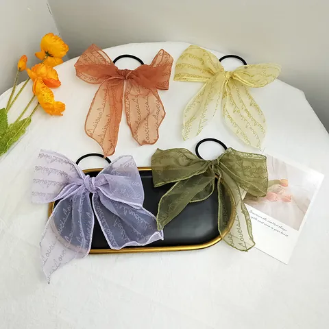 Women Large Bow Organza Hair Tie Long Ribbon Hair Scrunchies Sweet Letter Print Hair Rope Accessories