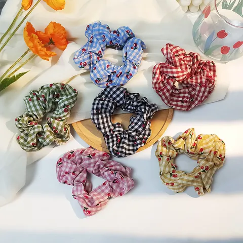 Sweet Plaid Cherry Print Cotton Fabric Hair Scrunchies For Women Gingham Pattern Elastic Hair Bands Fashion Hair Ties Accessories