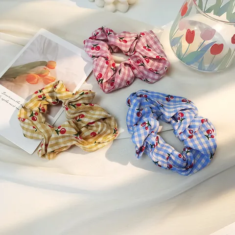 Sweet Plaid Cherry Print Cotton Fabric Hair Scrunchies For Women Gingham Pattern Elastic Hair Bands Fashion Hair Ties Accessories