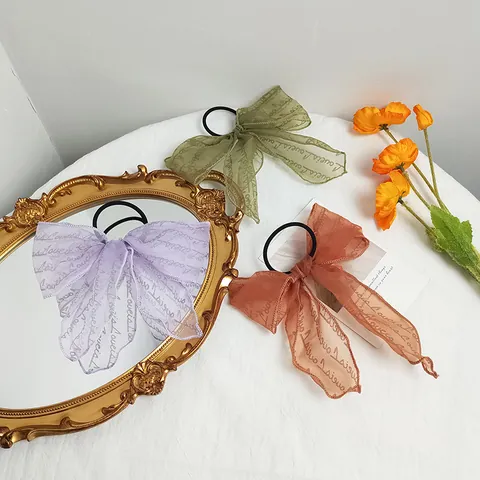 Women Large Bow Organza Hair Tie Long Ribbon Hair Scrunchies Sweet Letter Print Hair Rope Accessories