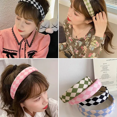 Cerchietto a Scacchiera con Bordo Largo in Spugna Set Elastico Capelli in Raso Vintage per Donna Accessori Capelli a Griglia