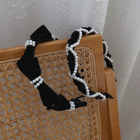 Franse Vintage Zwarte Fluwelen Haarband Met Imitatieparels Elegante Strik Geknoopte Haarbeugel Voor Dames Sieraden