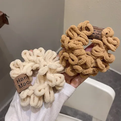 Women Plush Scrunchies Soft Teddy Fleece Hair Ties Elastic Hair Bands With Bear Tag Korean Fashion Hair Accessories