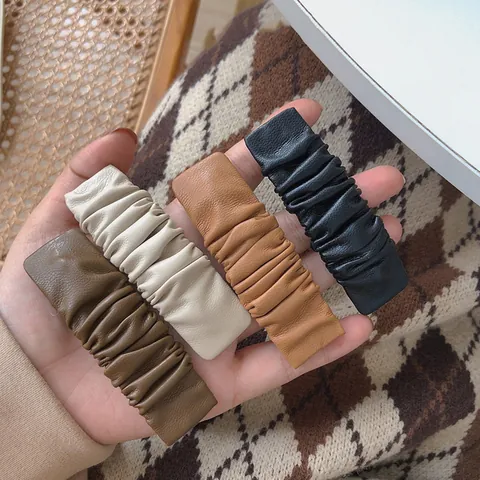 Vintage Geplooid PU Leer Haarklem Minimalistisch Ruched Rechthoek Zijde BB Clip Voor Vrouwen Meisjes Elegante Haar Accessoires