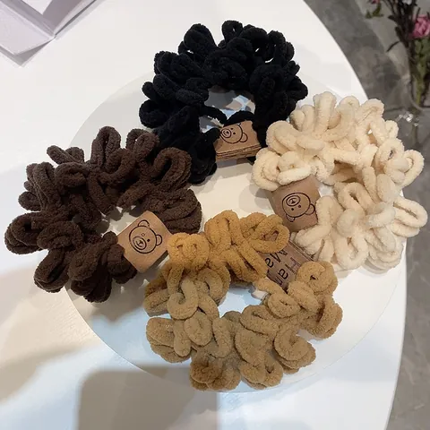Women Plush Scrunchies Soft Teddy Fleece Hair Ties Elastic Hair Bands With Bear Tag Korean Fashion Hair Accessories