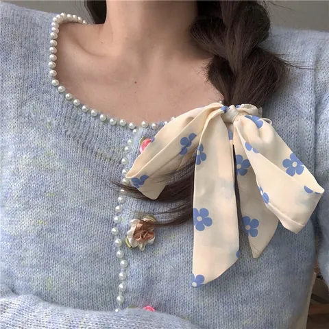 Elegante Chiffon Scrunchies Met Bloemenprint En Lange Wimpel Strik Zoete Crèmekleurige Haarbanden Voor Dames Haaraccessoires