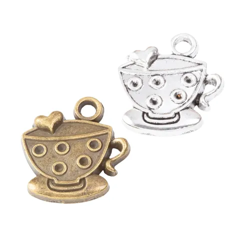 Vintage Zinc Alloy Coffee Cup Heart Charm Pendants For DIY Jewelry Making Antique Bronze Silver Tea Cup Craft Accessories