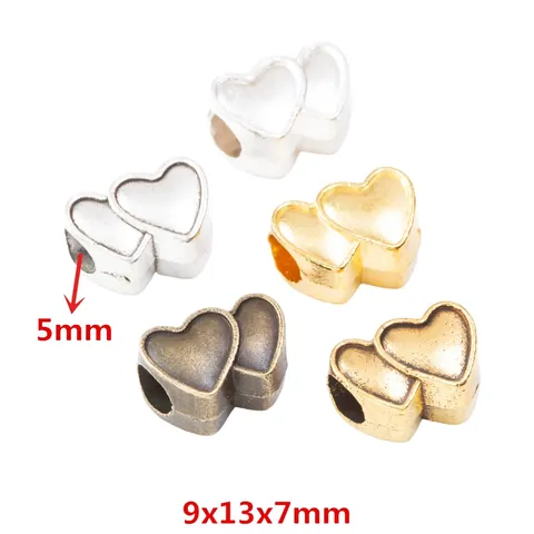 Cuentas de Agujero Grande de Aleación de Zinc Retro con Doble Corazón para Fabricación de Joyas DIY Accesorios para Pulseras Collares Estilo Vintage