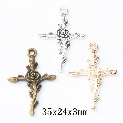 Pendentif Croix Rose en Alliage Vintage Pour Fabrication de Bijoux DIY Bronze Antique Argent Or KC Charme Religieux Fleur