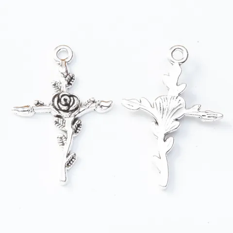 Pendentif Croix Rose en Alliage Vintage Pour Fabrication de Bijoux DIY Bronze Antique Argent Or KC Charme Religieux Fleur