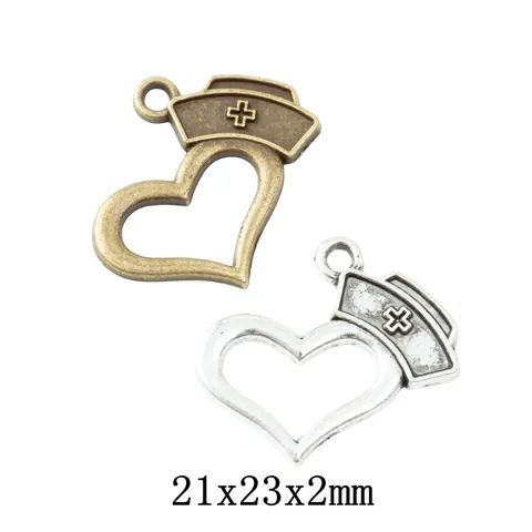 Vintage Antique Zinc Alloy Nurse Hat Heart Charms DIY Jewelry Making Pendants For Necklace Bracelet Crafts Accessories