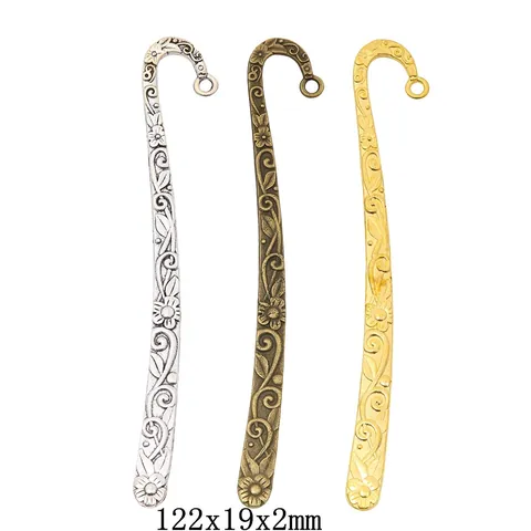 Vintage Alloy Floral Relief Bookmark Hook Pendant With Hanging Ring Gold Silver Bronze Metal DIY Jewelry Making Accessory