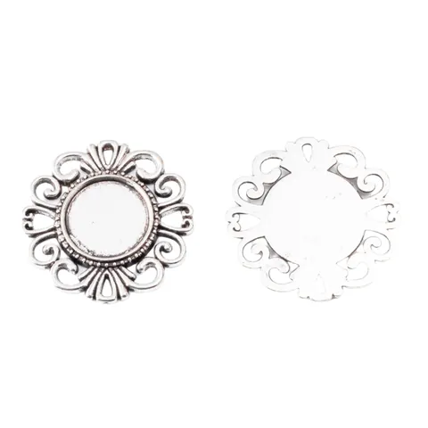 Vintage Rund Zinklegierung Schmuck Anhänger Basis Mit Hohlen Blumenrand Lünette Tablett Für DIY Handwerk Halskette Machen