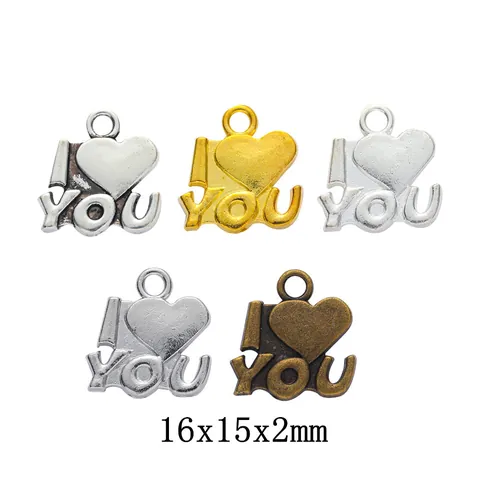Vintage Alloy Heart I Love You Letter Charms For DIY Jewelry Making Antique Silver Gold Bronze Heart Shape Pendants Craft Accessories