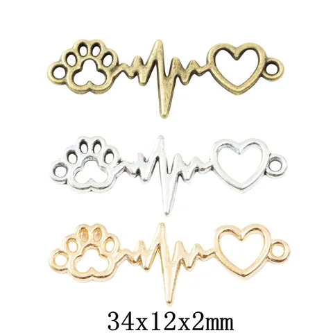 Vintage Zinc Alloy Heart Dog Paw Print Heartbeat DIY Jewelry Making Charms Connectors For Necklace Bracelet Pendants Accessories