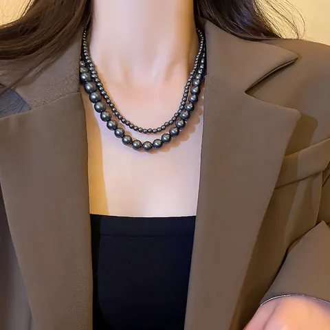 Collar de Perlas Artificiales de Imitación Elegante Retro Francés Cadena de Aleación Metálica Gris Joyería para Mujer Gama Alta