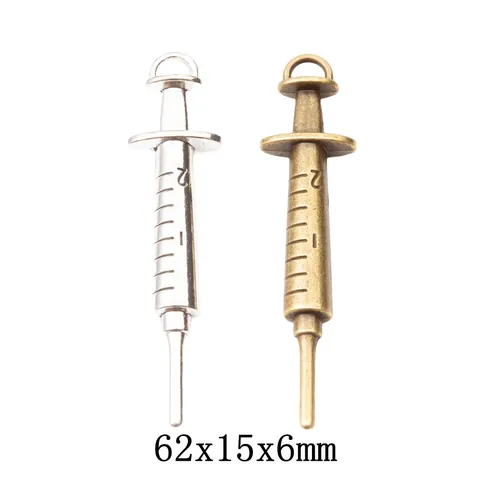 Vintage Alloy Medical Syringe Shape Pendants DIY Jewelry Making Accessories Antique Bronze Silver Metal Injection Needle Charms