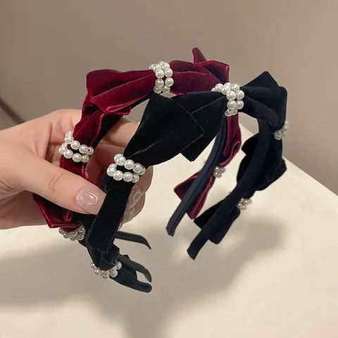 French Vintage Velvet Headband For Women Elegant Bow Knotted Hair Band With Faux Artificial Pearl Non Slip Autumn Winter Hair Accessories