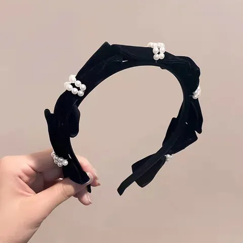 French Vintage Velvet Headband For Women Elegant Bow Knotted Hair Band With Faux Artificial Pearl Non Slip Autumn Winter Hair Accessories