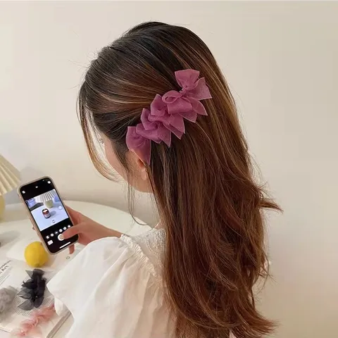 Pince à Cheveux Nœud en Organza de Style Coréen pour Femmes Doux Papillon en Gaze à Couches Pince Bec de Canard Élégante Coiffure