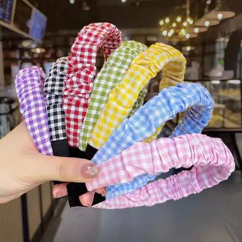 Diadema a Cuadros de Estilo Coreano con Fruncidos Banda para el Cabello de Tela a Cuadros para Mujeres Niñas Lindo Fresco Accesorios para el Cabello de Moda Lavado de Cara Peinado