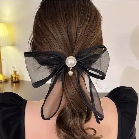 Elastico per Capelli in Organza Nera Stile Vintage Hepburn Con Fiocco Grande Perla Artificial Strass Elegante Accessorio Donna