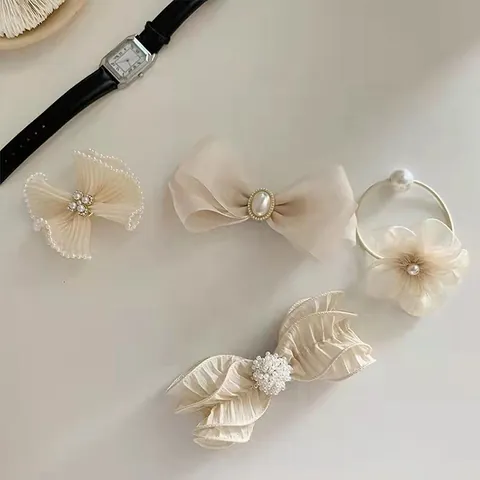 Elegantes Pinzas para el Cabello con Lazo de Organza con Perlas Artificiales de Imitación Gomas para el Pelo con Flores Estilo Francés Beige Mujer