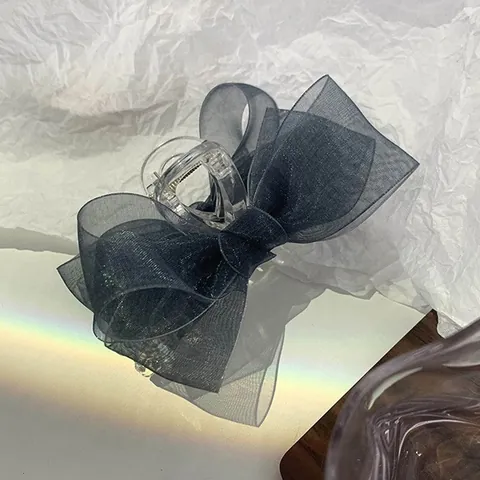 Französisch Vintage Tintenblau Organza Schleife Haarkralle Clip Große Mesh Haarklammer Für Damen Elegant Haarschmuck
