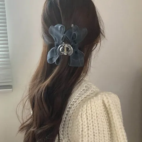 Französisch Vintage Tintenblau Organza Schleife Haarkralle Clip Große Mesh Haarklammer Für Damen Elegant Haarschmuck