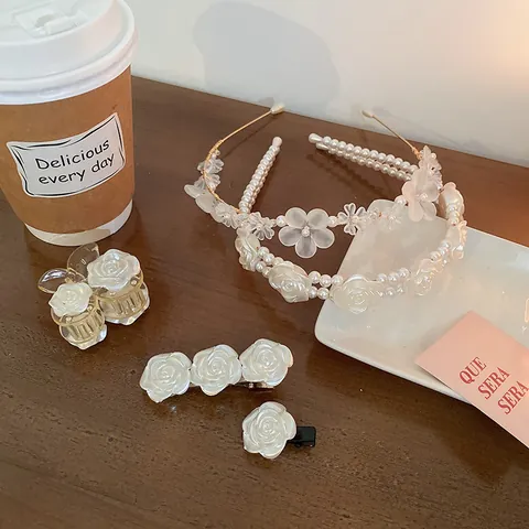 Diadema de Perlas Artificiales de Camelia Vintage Francesa Pinzas para el Cabello de Flores de Resina Elegante Pinza de Pelo Floral Blanca