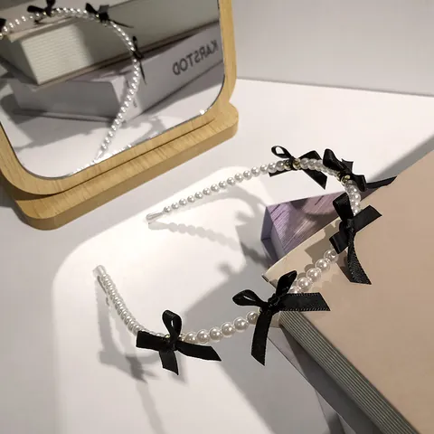 Vintage Pearl Bow Knot Hairband Elegant Faux Pearl Satin Ribbon Headband Korean Style Hair Accessories For Women Girls