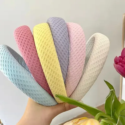 Padded Sponge Waffle Grid Hair Band For Women Sweet Korean Style Handmade Cloth Headband Thickened Hair Hoop Daily Accessories