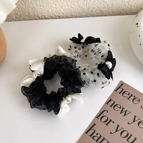 Modouo Cute Mesh Polka Dot Scrunchie Sweet Fabric Ponytail Hair Rope Bowknot Artificial Pearl Hair Accessories
